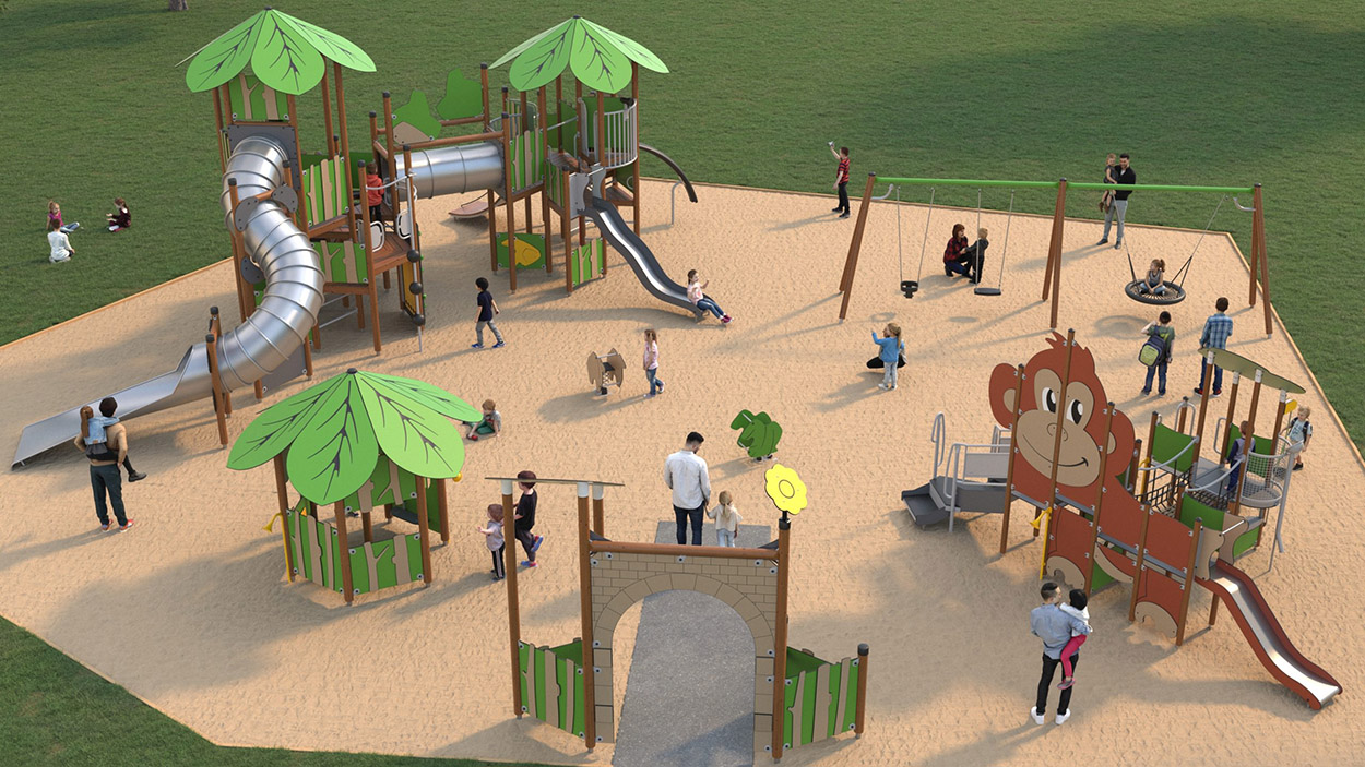 Custom designed playground with jungle theming and a playground unit shaped like a monkey.